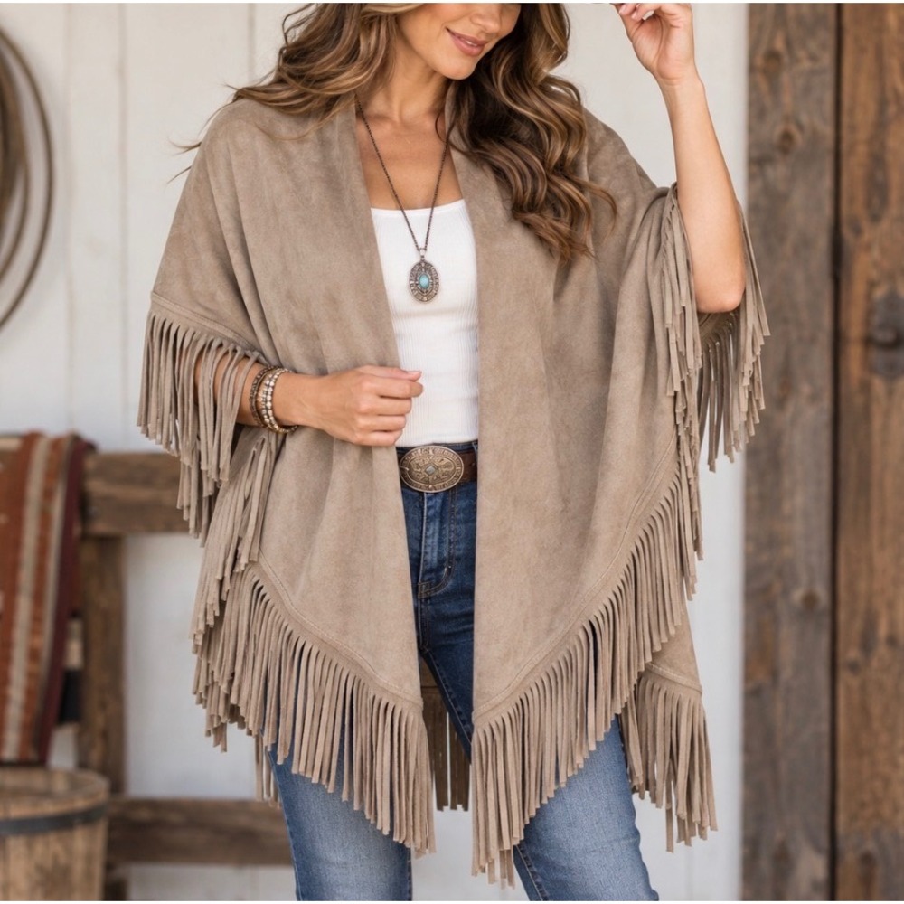 Womens Western Faux Suede Shawl Wrap M Fringe Draped Microfiber Boho Chic Tan